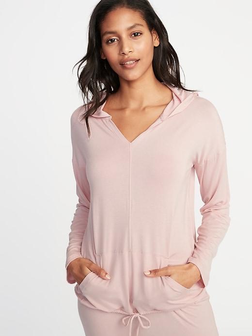 Jersey Drawstring-hem Pullover Hoodie For Women