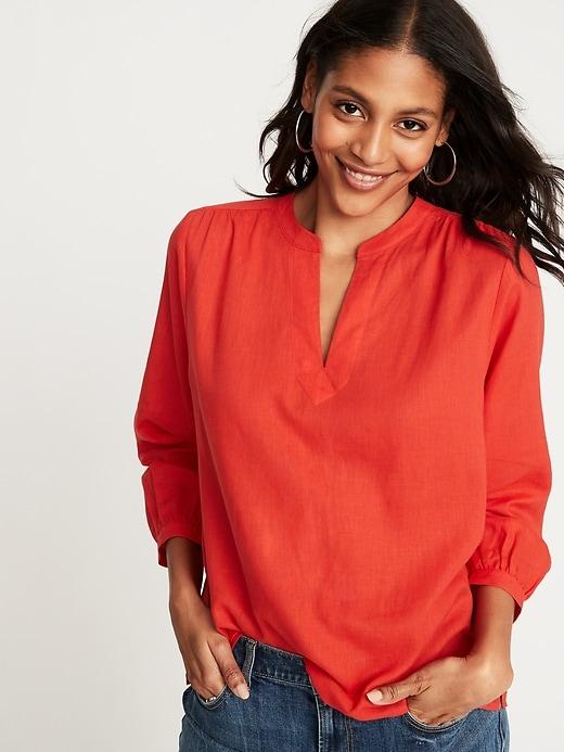 Linen-blend Split-neck Top For Women