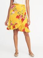 Old Navy Womens Crinkle-crepe Faux-wrap Skirt For Women Yellow Floral Size L