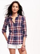 Old Navy Classic Plaid Shirt For Women - Navy/red Plaid
