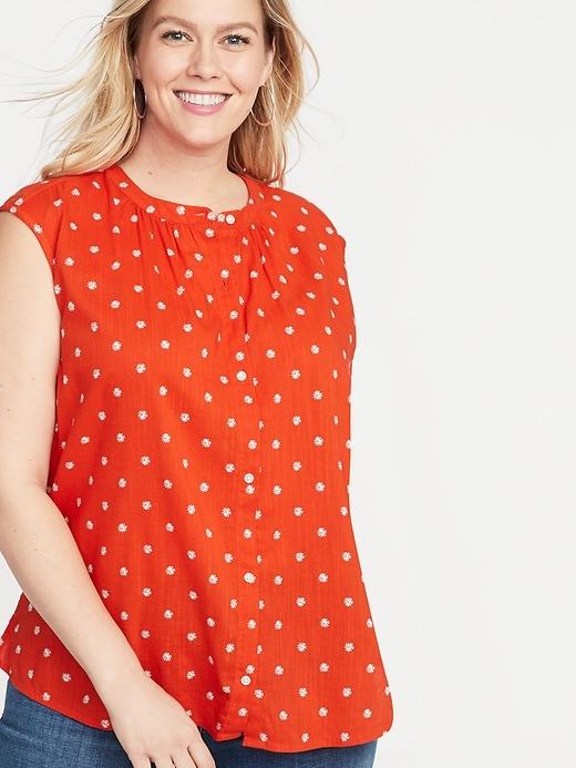 Floral-print Button-front Plus-size Sleeveless Top