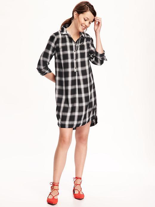 Old Navy Pintuck Shirt Dress For Women - Black Plaid