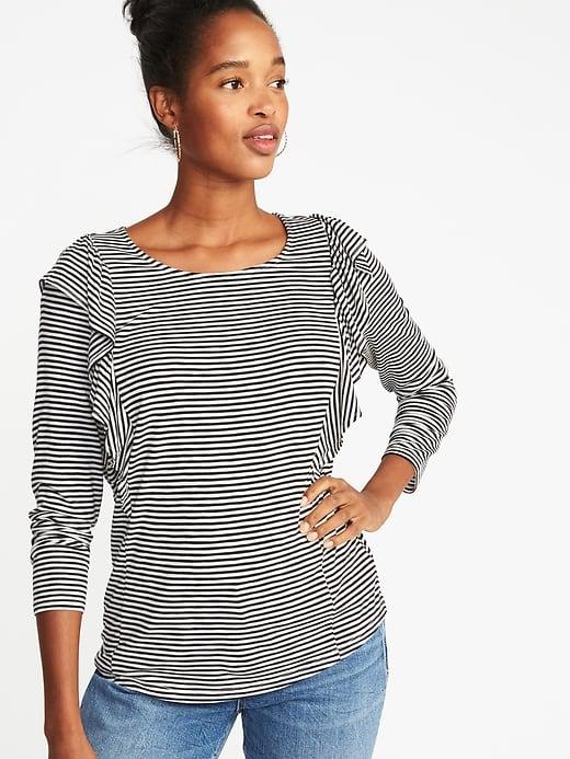Old Navy Womens Ruffle-trim Slub-knit Top For Women O.n. New Black Stripe Size Xs