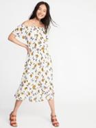 Old Navy Womens Off-the-shoulder Waist-defined Midi Dress For Women Cream Floral Size L