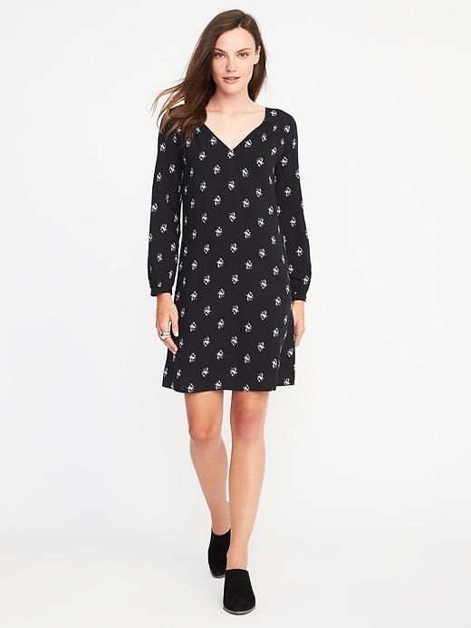 Old Navy Smocked Yoke V Neck Shift Dress For Women - Black Print