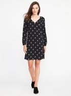 Old Navy Smocked Yoke V Neck Shift Dress For Women - Black Print