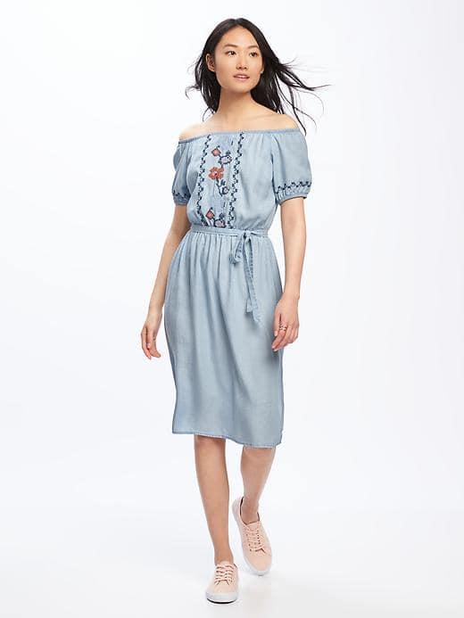 Old Navy Embroidered Off Shoulder Tencel Midi Dress For Women - Light Wash