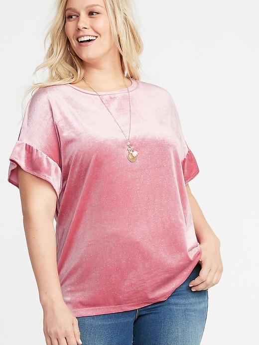 Old Navy Womens Sparkle-knit Velvet Ruffle-sleeve Plus-size Top Bright Pink Size 2x