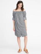 Old Navy Womens Off-the-shoulder Button-front Gingham Dress For Women Black Gingham Size L