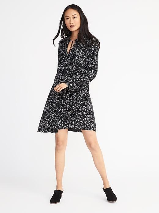 Old Navy Womens Floral-print Pintucked Swing Dress For Women Black Print Size Xs