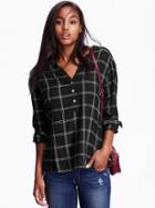 Old Navy Womens Drapey Mandarin Collar Plaid Top Size L Tall - Black Plaid