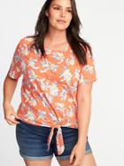 Old Navy Womens Relaxed Floral Tie-hem Plus-size Top Orange Floral Size 3x
