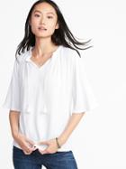Old Navy Womens Crinkle-jersey Tie-neck Bell-sleeve Top For Women Cream Size Xs