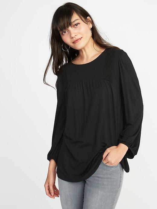Old Navy Womens Crochet-lace Balloon-sleeve Jersey Top For Women Black Size Xs