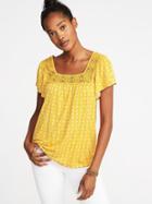 Old Navy Womens Printed Square-neck Crochet-trim Top For Women Agave Nectar Size Xs