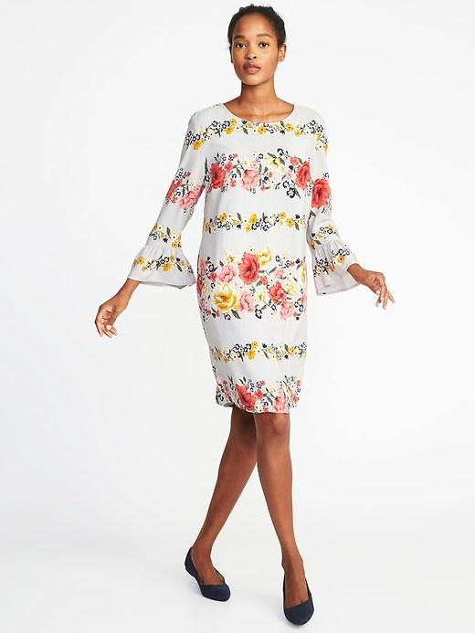 Old Navy Womens Floral-print 3/4-sleeve Shift Dress For Women Light Gray Floral Size S