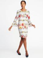 Old Navy Womens Floral-print 3/4-sleeve Shift Dress For Women Light Gray Floral Size S
