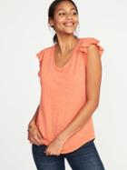 Old Navy Womens Ruffle-trim Voop-neck Tee For Women Briquette Size Xs