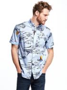 Old Navy Soft Washed Nautical Print Classic Shirt For Men - Teal We Meet