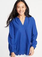 Slub-weave Eyelet Blouse For Women