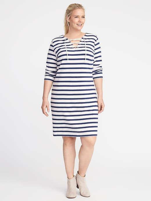 Old Navy Womens Plus-size Lace-up-yoke Shift Dress Navy Stripe Size 1x