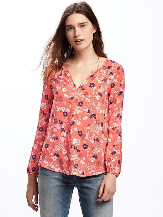 Old Navy Relaxed Floral Shirred Blouse For Women - Live Coral Floral