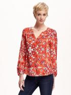 Old Navy Open Neck Blouse For Women - Large Red Floral
