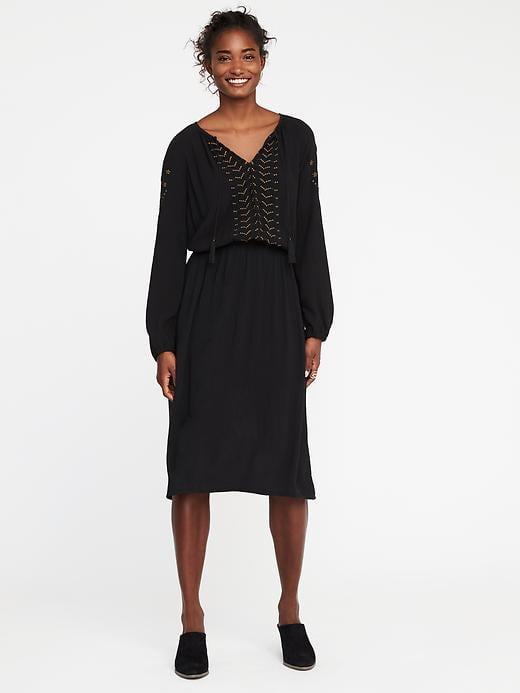 Old Navy Embroidered Cinched Waist Crinkle Gauze Dress For Women - Black