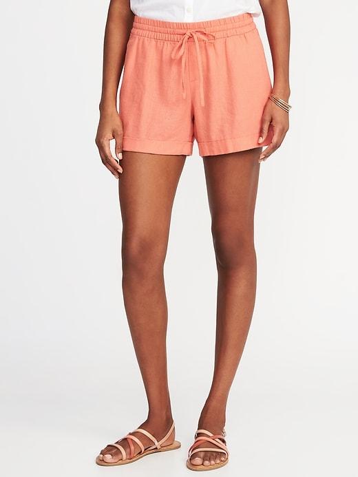 Old Navy Womens Mid-rise Pull-on Linen-blend Shorts For Women (4) Bright Coral Size L