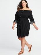 Old Navy Womens Off-the-shoulder Plus-size Tie-belt Shirt Dress Black Size 2x