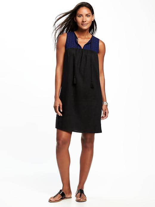 Old Navy Embroidered Yoke Linen Blend Shift Dress For Women - Black