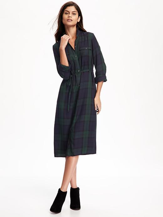 Old Navy Plaid Midi Shirt Dress For Women - Navy Plaid