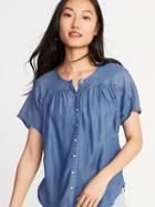 Shirred Button-front Tencel Top For Women
