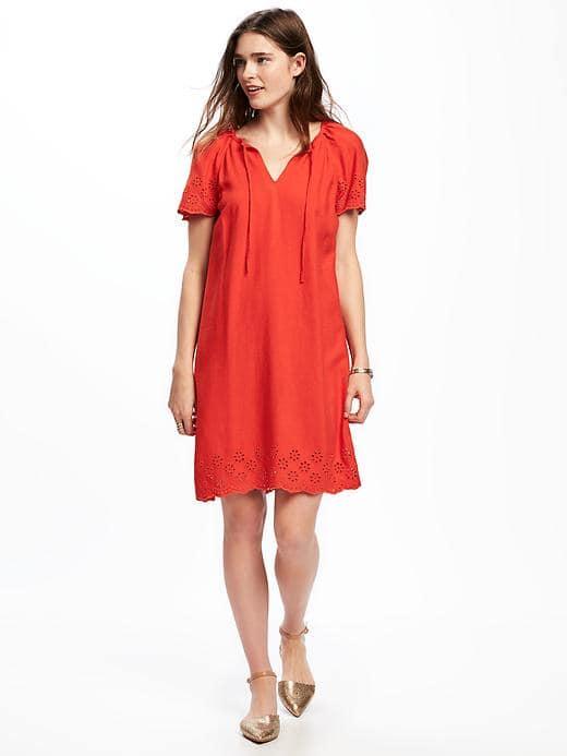 Old Navy Linen Blend Cutwork Embellished Shift Dress For Women - Hot Tamale
