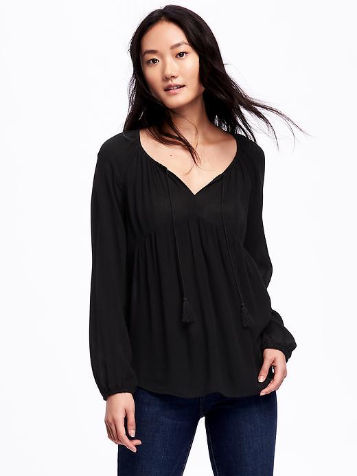 Old Navy Split Neck Tassel Tie Blouse For Women - Black
