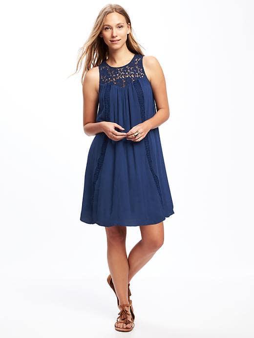 Old Navy Lace Yoke Crinkle Gauze Swing Dress For Women - Classic Navy