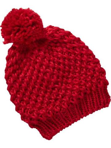 Womens Sweater Knit Pom Pom Hats Size One Size - Saucy Red