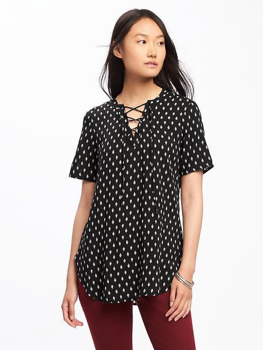 Old Navy Lightweight Lace Up Top For Women - Black Print