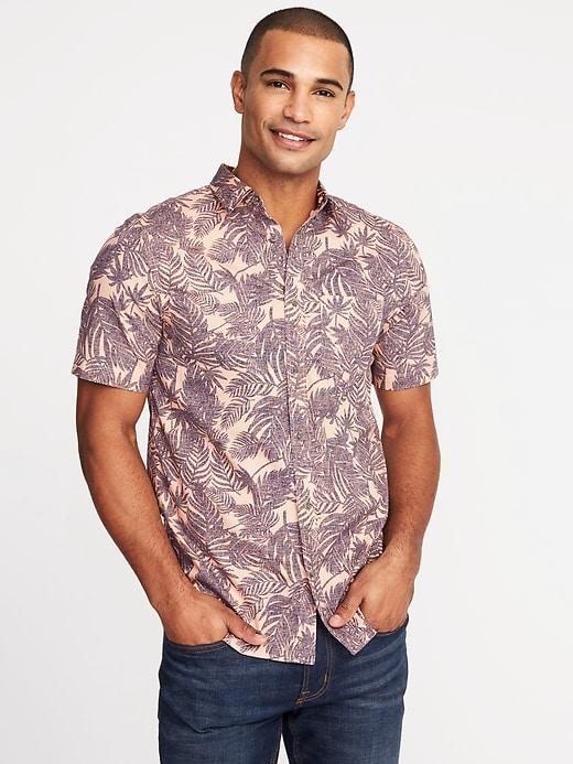 Old Navy Mens Slim-fit Built-in Flex Botanical-print Classic Shirt For Men Pink Palm Leaves Size Xxl