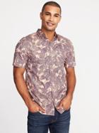Old Navy Mens Slim-fit Built-in Flex Botanical-print Classic Shirt For Men Pink Palm Leaves Size Xxl