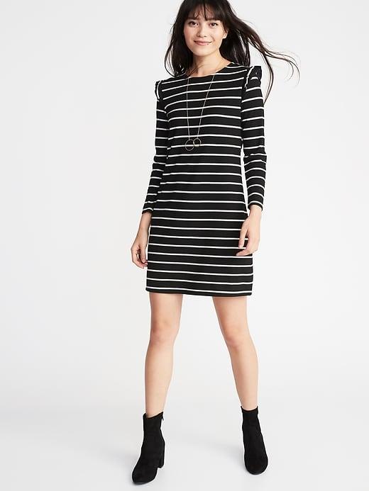 Old Navy Womens Ruffle-trim Ponte-knit Shift Dress For Women Black/white Stripe Size Xxl