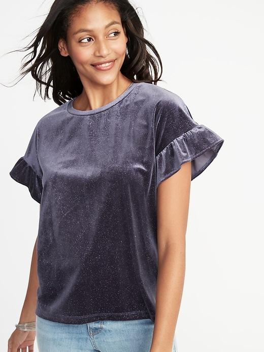 Old Navy Womens Glitter-velvet Ruffle-sleeve Top For Women Navy Size L