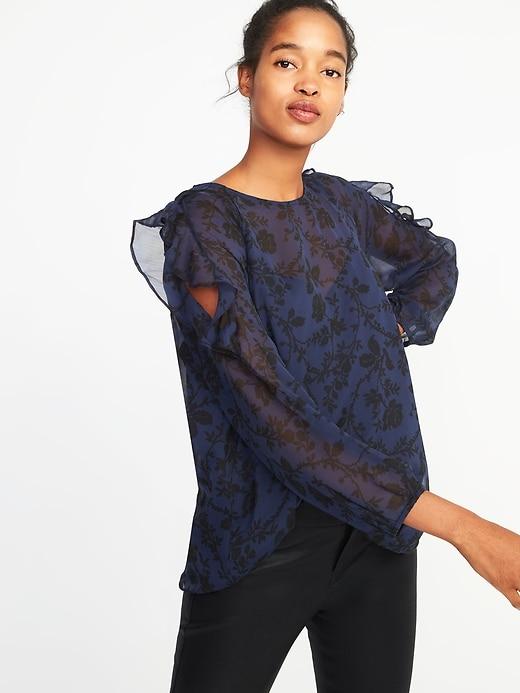 Old Navy Womens Cold-shoulder Ruffle-trim Blouse For Women Blue Black Size S