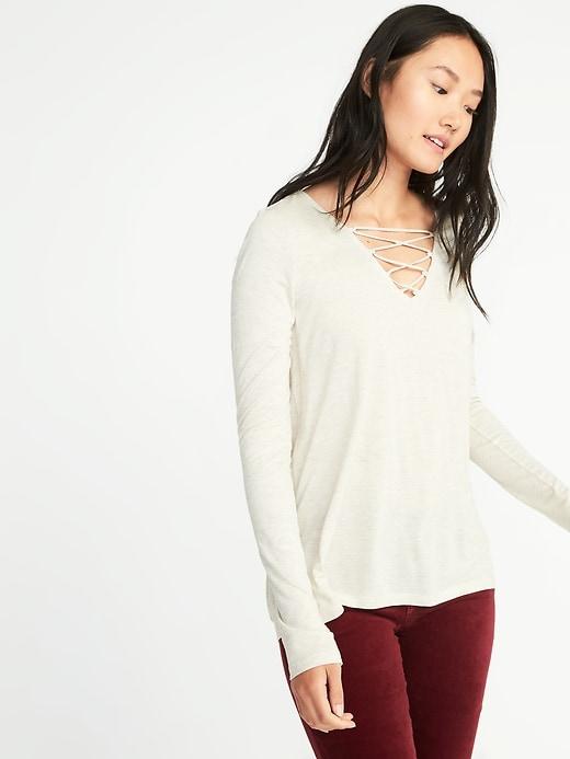 Old Navy Womens Relaxed Lace-up-yoke Sparkle-knit Top For Women Oatmeal Heather Size Xl