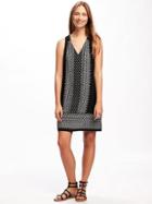 Old Navy V Neck Cutout Back Shift Dress For Women - Black Print