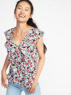 Old Navy Womens Sleeveless Ruffle-trim Top For Women White Floral Size M