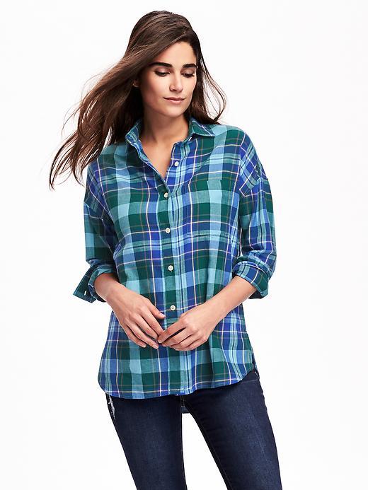 Old Navy Plaid Boyfriend Flannel Shirt For Women - Blue Multi Plaid