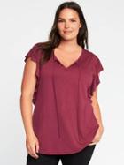 Old Navy Relaxed Tie Front Ruffle Sleeve Top - Cranberry Sauce