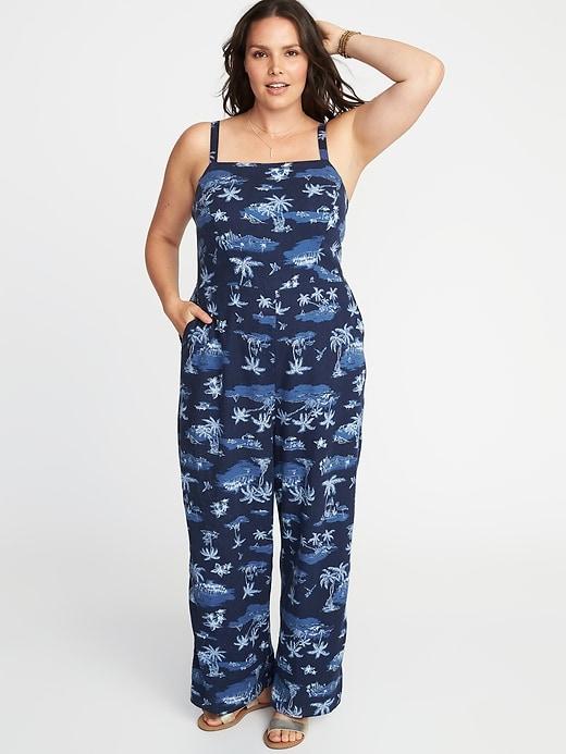 Old Navy Womens Plus-size Square-neck Linen-blend Jumpsuit Scenic Print Size 4x