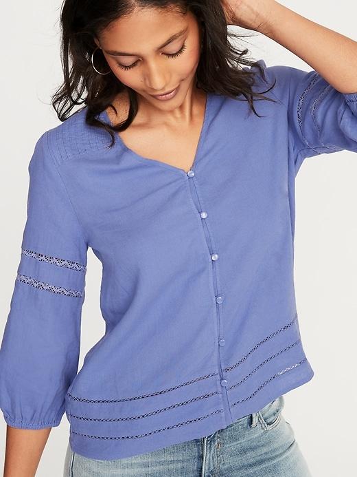 Crochet-lace Trim Linen-blend Button-front Blouse For Women